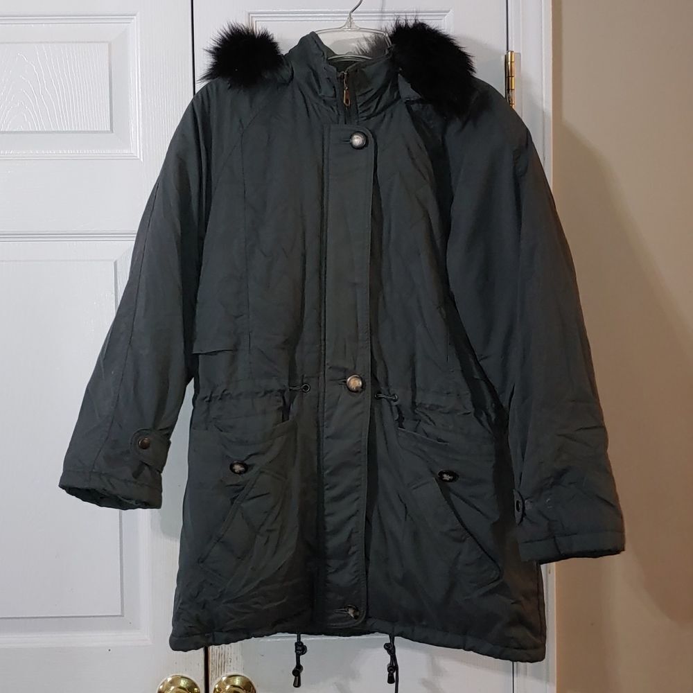 Albert Nipon hunter green REAL fox  fur hooded jacket Sz M